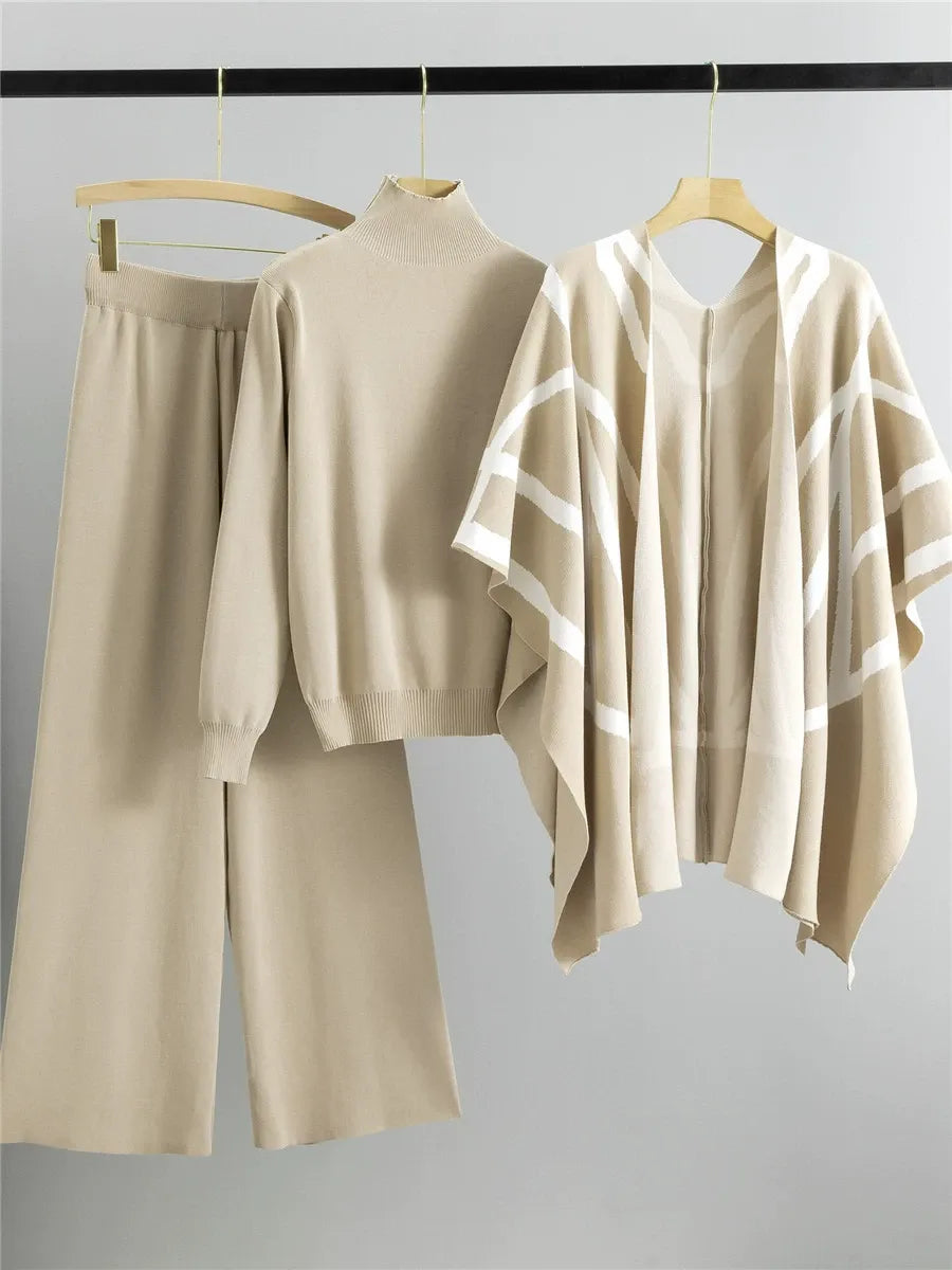 Ensemble Trois Pièces Cape Châle Tricoté Pour Femme Avec Col Roulé Et Pantalon Motif Géométrique Coupe Décontractée