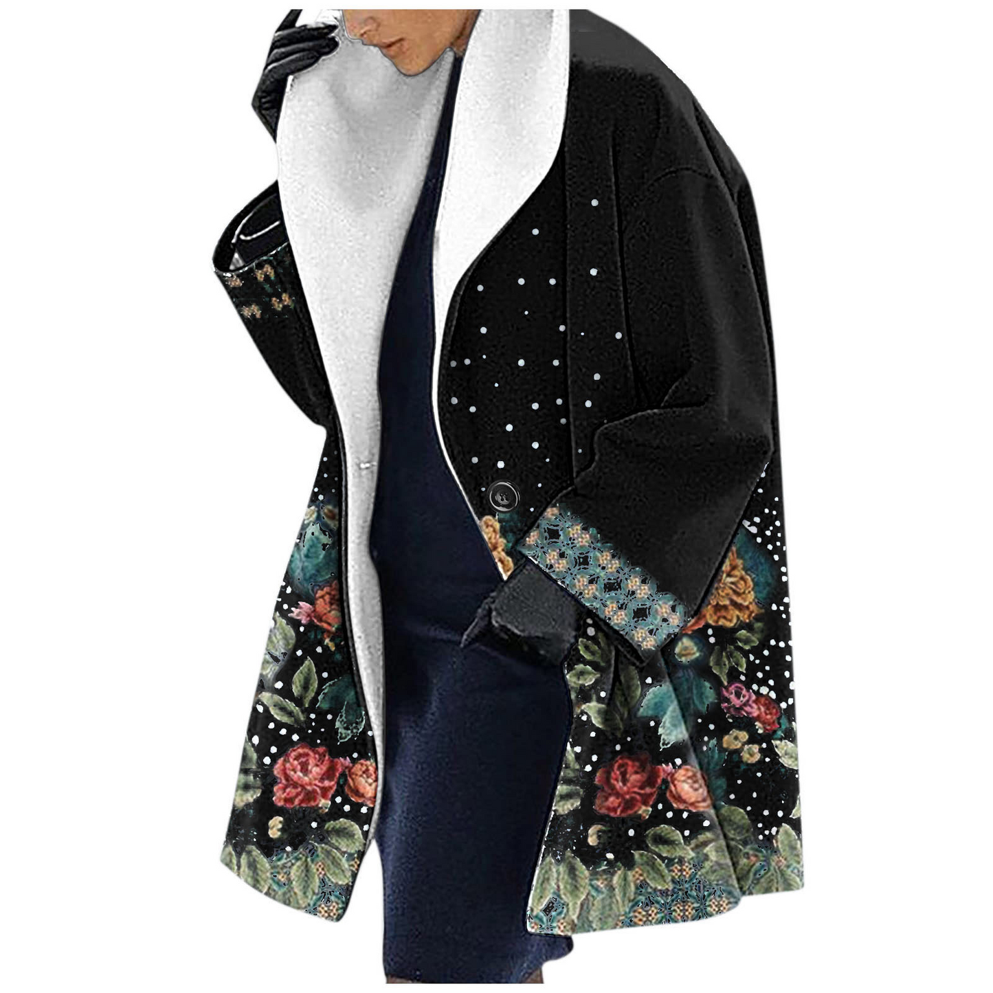 Veste À Capuche En Laine Mélangée Coupe Ample Mi Longue Imprimé Floral Ethnique Décontracté