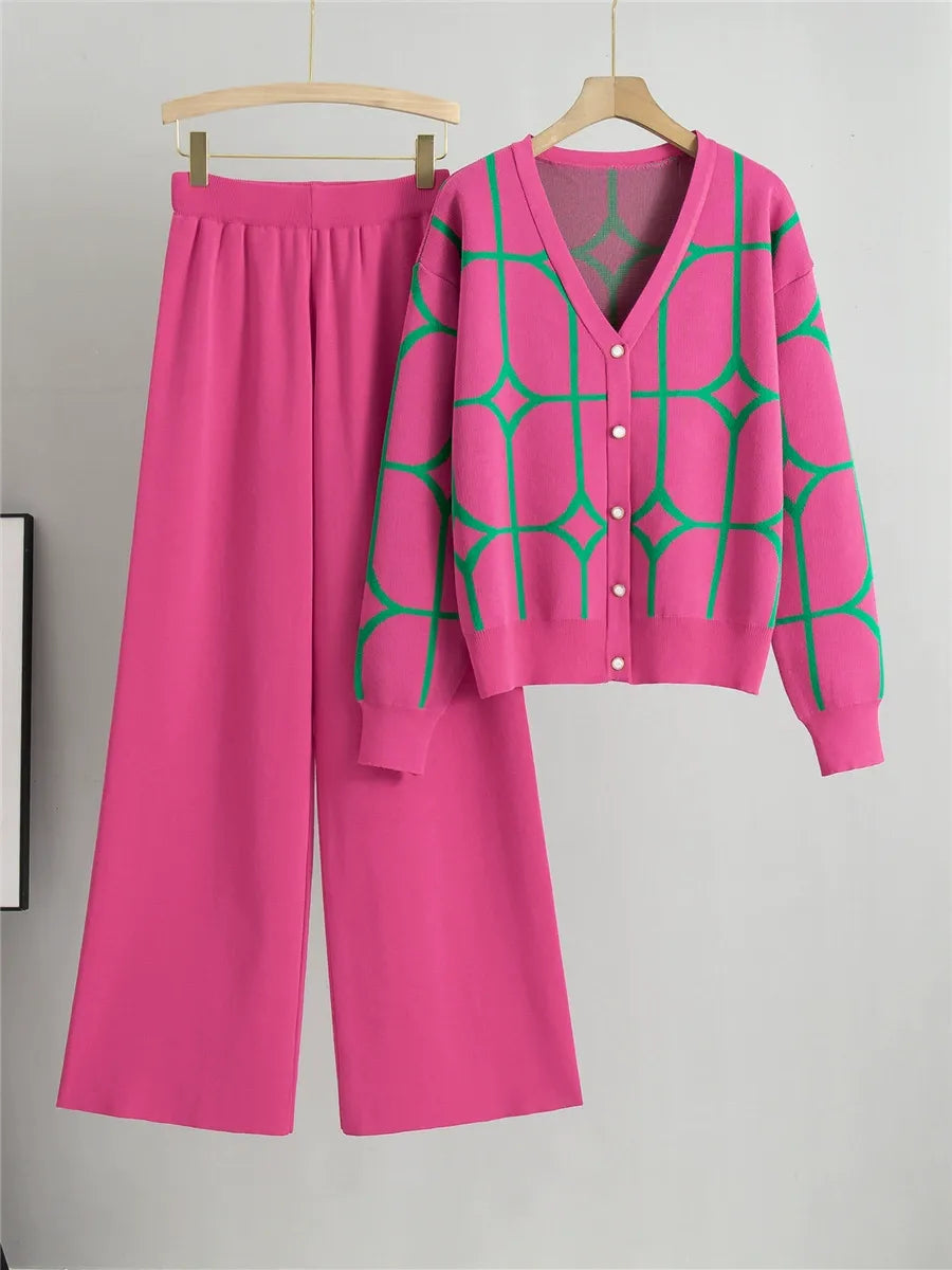Ensemble Cardigan Deux Pièces en Maille Femme à Coupe Décontractée et Longueur Crop Encolure V Motif Géométrique