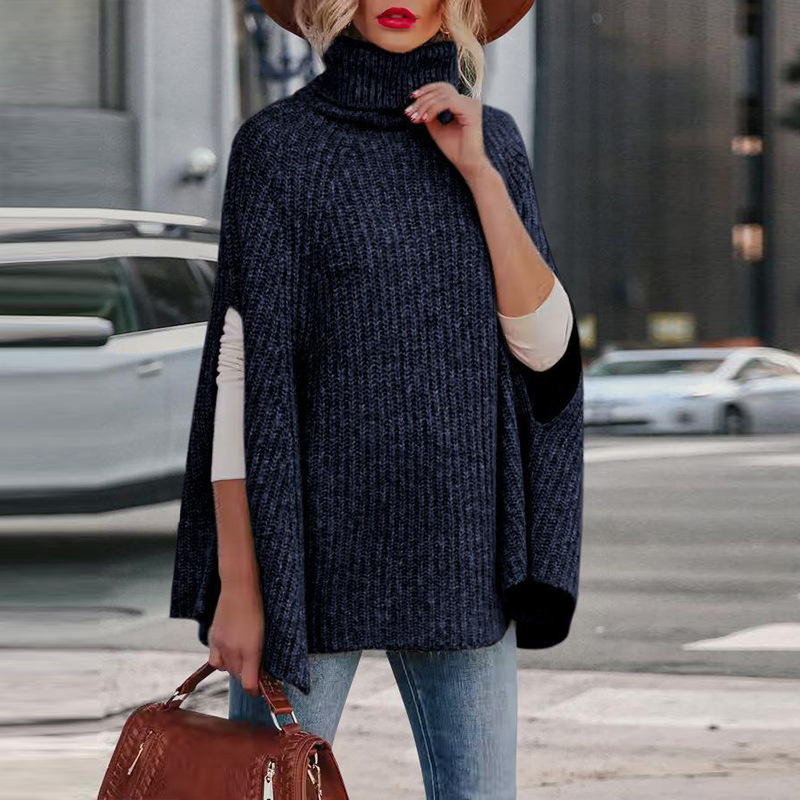 Cape Femme Ample en Maille Laine Mélangée Col Haut avec Fentes aux Manches Confort Chic pour Automne Hiver
