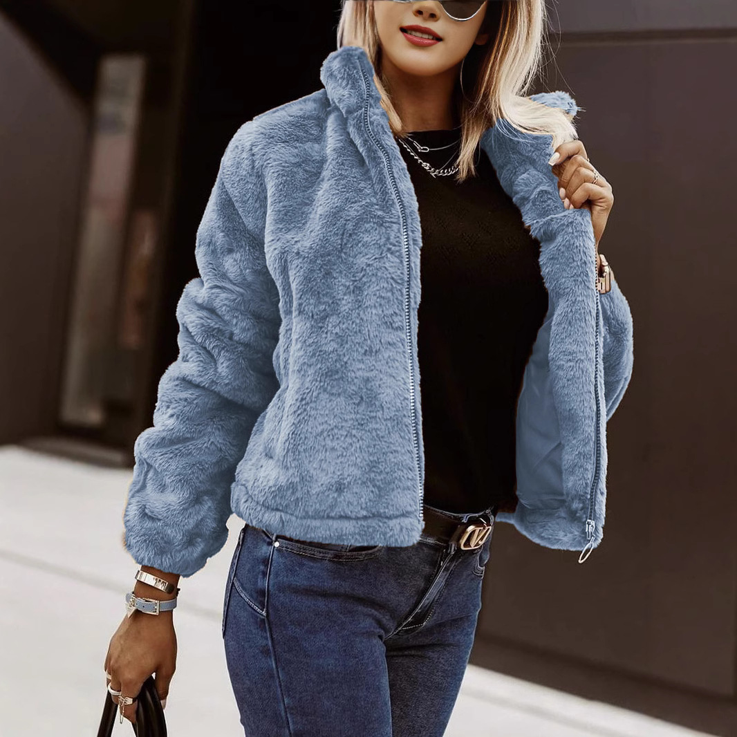 Cardigan Femme En Faux Cuir Texture Peluche Fermeture Éclair Devant Col Montant Coupe Décontractée