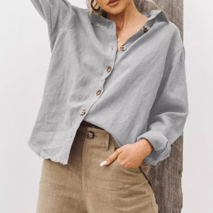 Chemise Femme Coupe Décontractée Mélange Coton Lin Manches Longues Col Boutonné Nordisk Flair