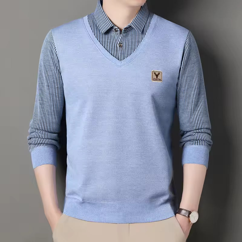 Pull Homme Slim Fit Tricot Col V Effet Superposé Plaid Manches Style Nordisk Flair Distinctif