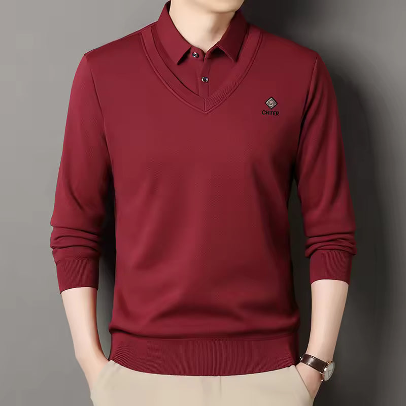 Pull Homme Nordisk Flair Col Polo En V Doublé Polaire Slim Fit Bordures Côtelées