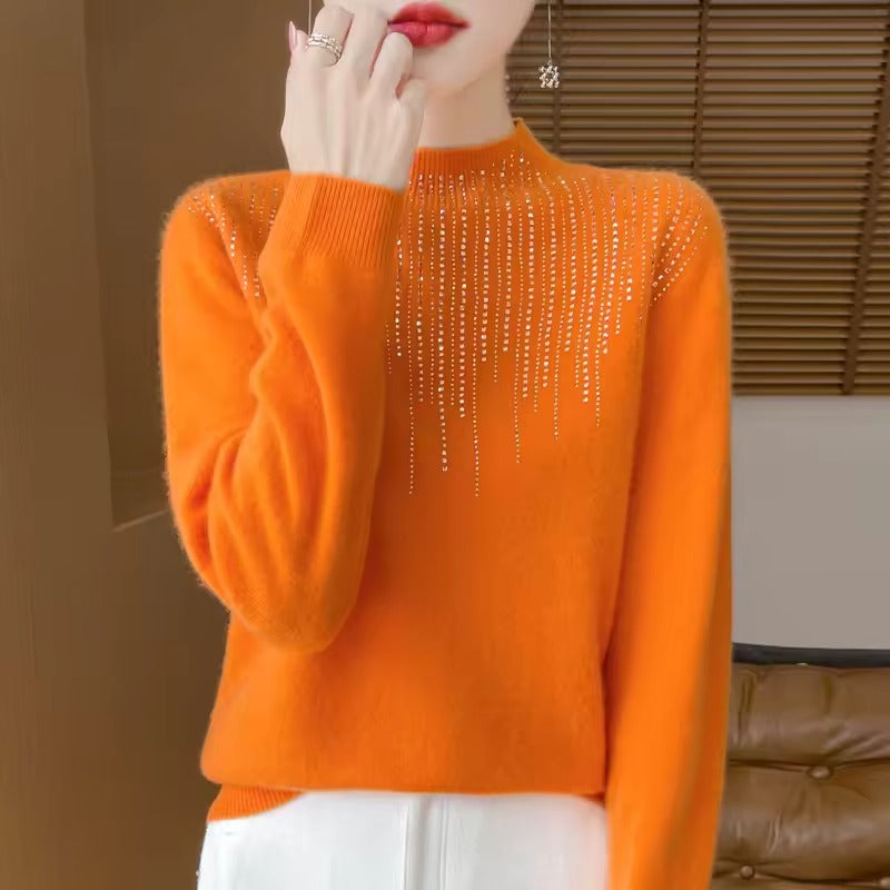 Pull Femme Tricot En Laine Col Montant Coupe Ample Motif Diamants Orné Élégance Quotidienne