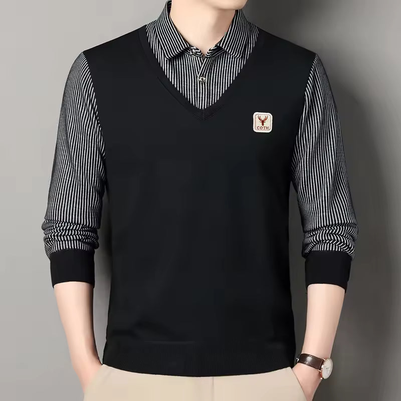 Pull Homme Slim Fit Tricot Col V Effet Superposé Plaid Manches Style Nordisk Flair Distinctif