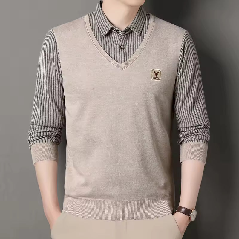 Pull Homme Slim Fit Tricot Col V Effet Superposé Plaid Manches Style Nordisk Flair Distinctif