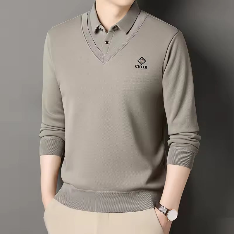 Pull Homme Nordisk Flair Col Polo En V Doublé Polaire Slim Fit Bordures Côtelées