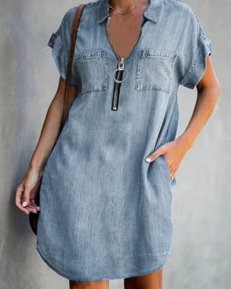 Amawinc Robe En Jean Pour Femme À Coupe Décontractée Manches Courtes Fermeture Éclair Devant Poches Utilitaires