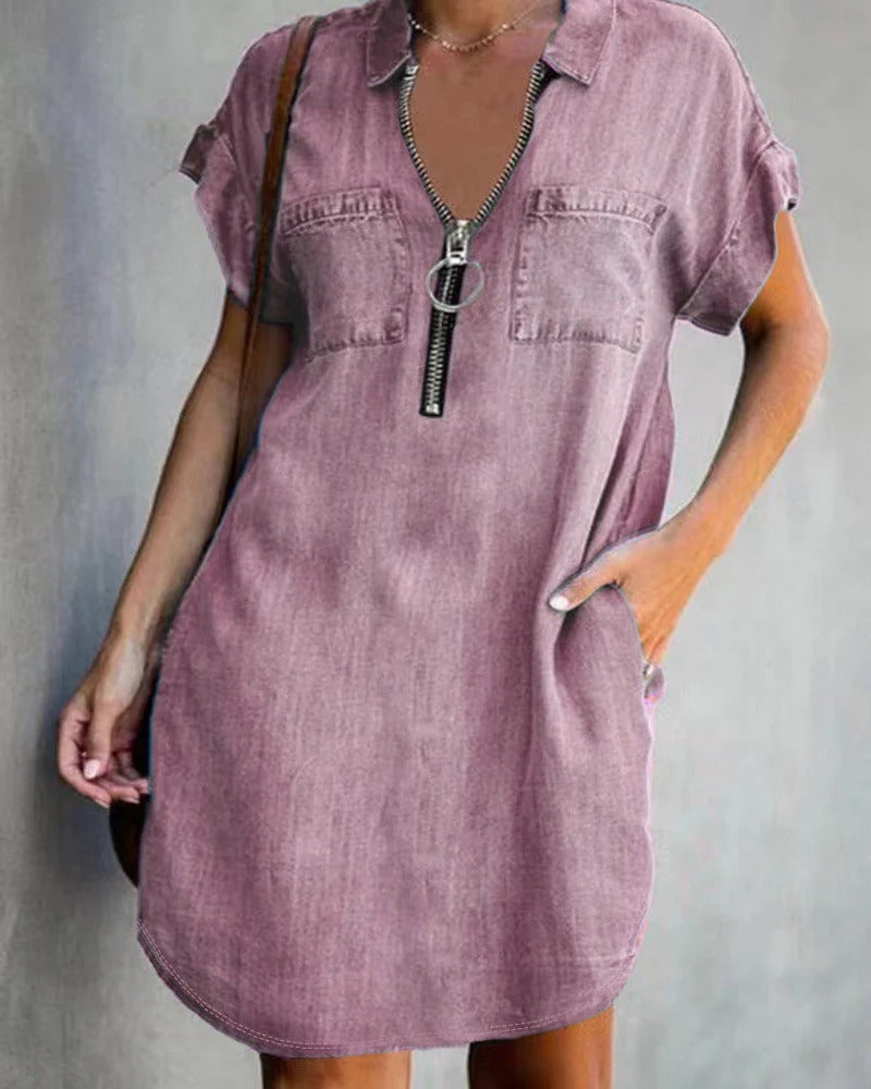 Amawinc Robe En Jean Pour Femme À Coupe Décontractée Manches Courtes Fermeture Éclair Devant Poches Utilitaires