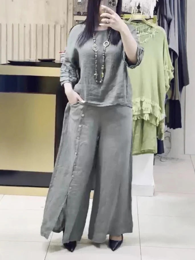 Ensemble Deux Pièces En Lin Pour Femme Haut Décontracté Et Pantalon À Jambes Larges Boutonné