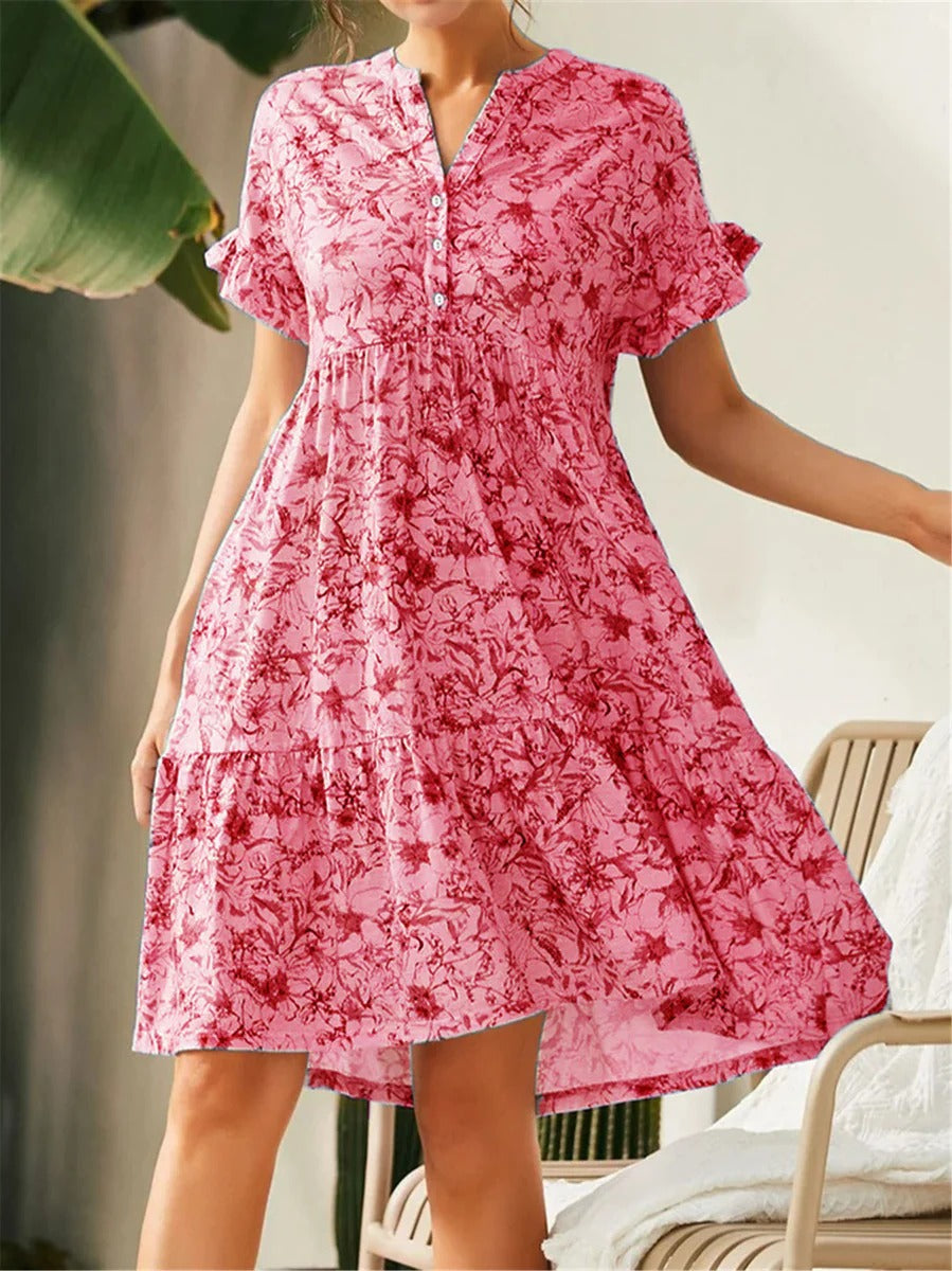 Robe A Ligne Femme Encolure V Imprimé Floral Jupe à Volants Étagée Manches Bouffantes Mélange Coton