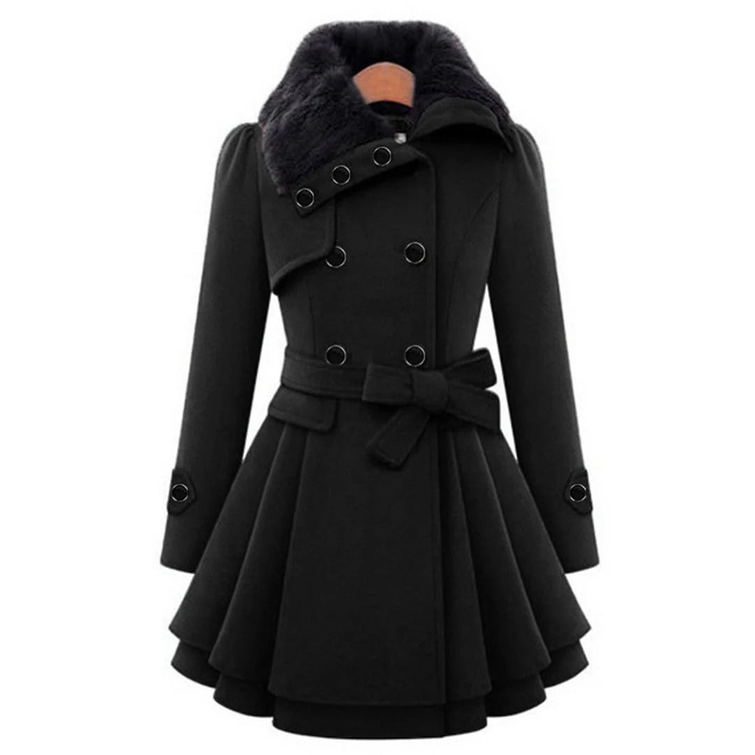 Amawinc Manteau Femme Coupe Ajustée Texture Laine Double Boutonnage Col En Fausse Fourrure Taille Ceinturée Élégant