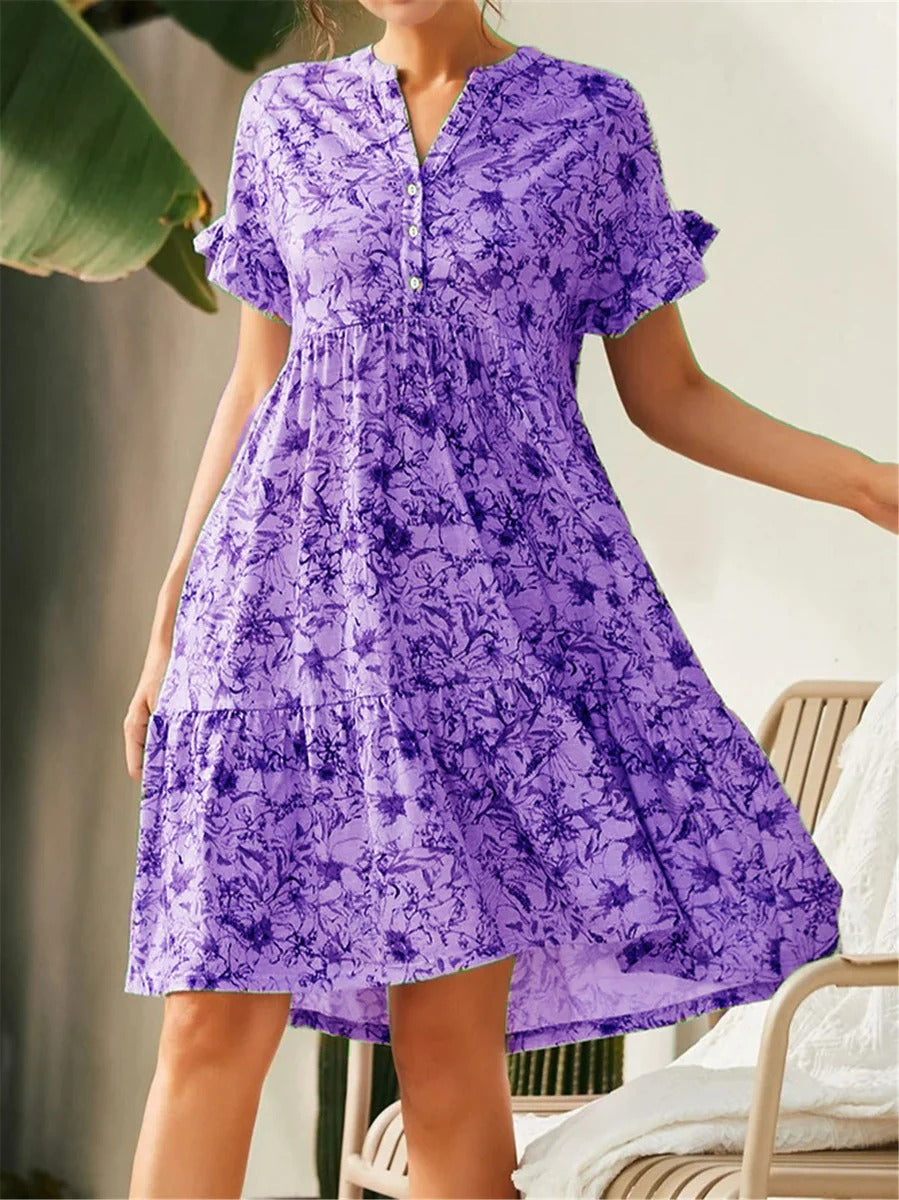 Robe A Ligne Femme Encolure V Imprimé Floral Jupe à Volants Étagée Manches Bouffantes Mélange Coton