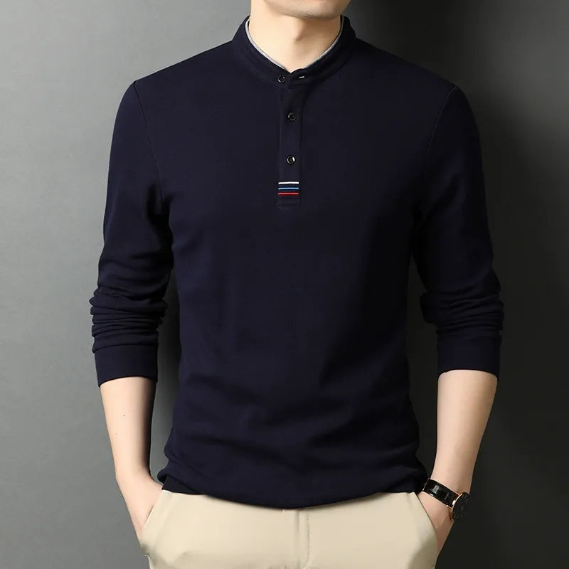Amawinc Nordisk Flair T Shirt Homme Manches Longues en Coton Col Montant et Patte de Boutonnage Coupe Regular