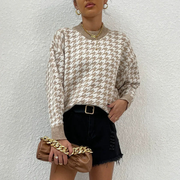 Pull Femme Coupe Décontractée Mélange De Laine Motif Pied-De-Poule Bord Côtelé Confortable Et Chaud