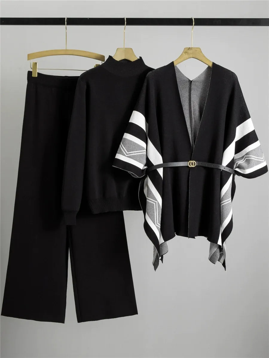 Ensemble Cardigan Trois Pièces Avec Col Châle Tricot Doux Drapé Ceinture Longueur MiCuisse Manche Rayée