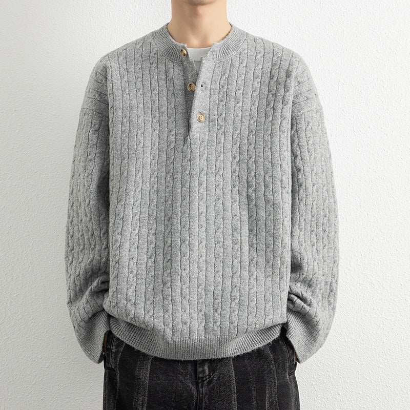Pull Col Henley En Laine Mélangée Avec Bord Cotes Pour Hommes Décontracté Et Polyvalent