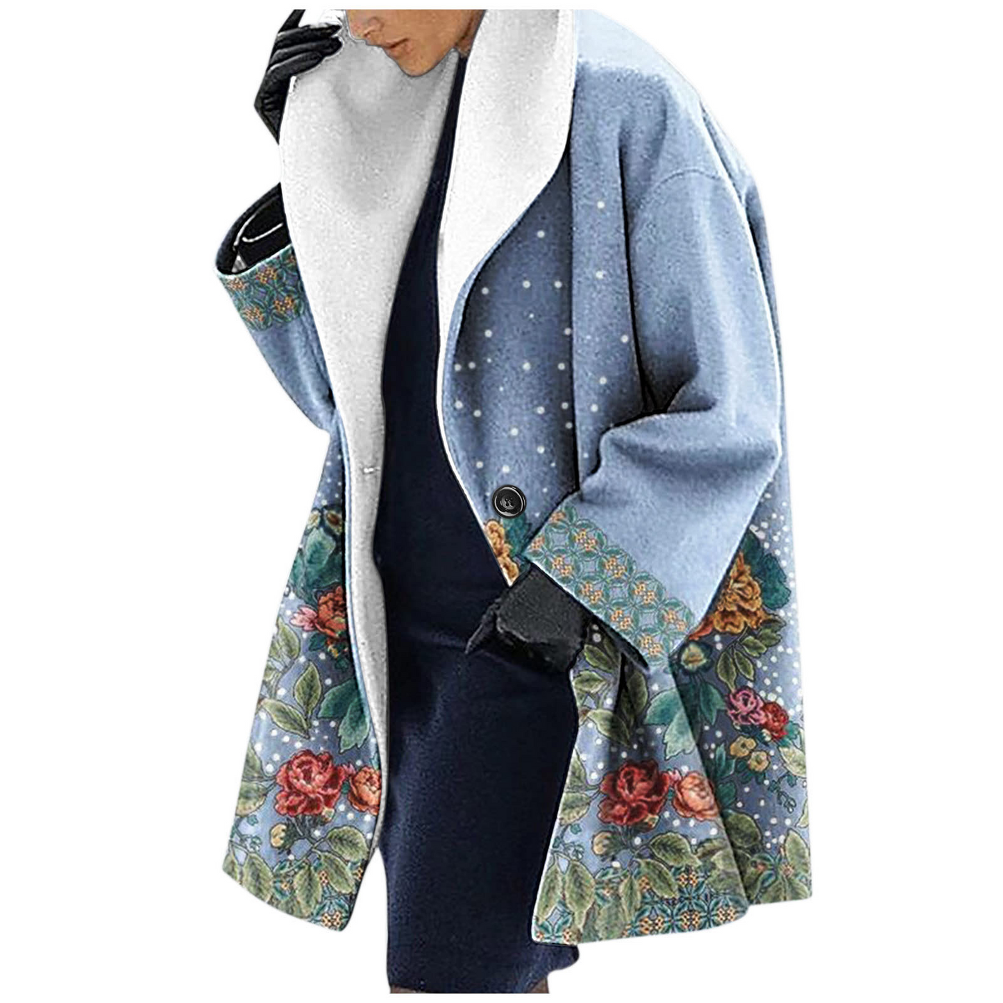 Veste À Capuche En Laine Mélangée Coupe Ample Mi Longue Imprimé Floral Ethnique Décontracté