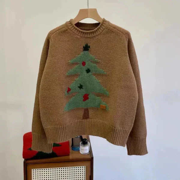 Pull Femme En Maille Laine Mélangée Amawinc Col Rond Coupe Décontractée Motif Arbre