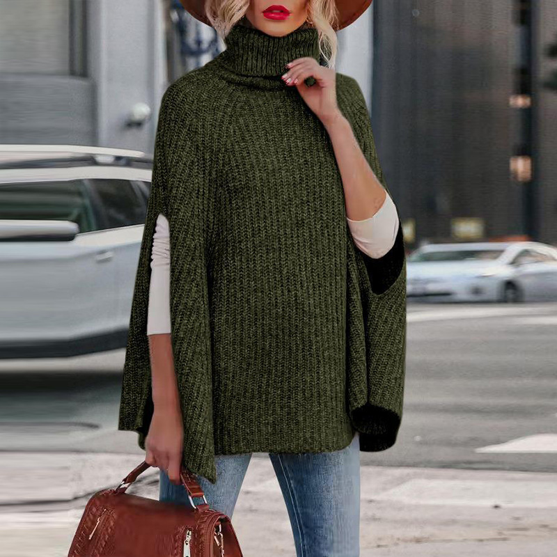 Cape Femme Ample en Maille Laine Mélangée Col Haut avec Fentes aux Manches Confort Chic pour Automne Hiver