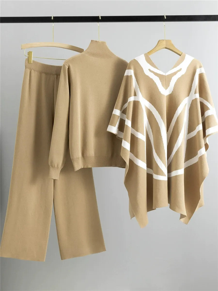 Ensemble Trois Pièces Cape Châle Tricoté Pour Femme Avec Col Roulé Et Pantalon Motif Géométrique Coupe Décontractée