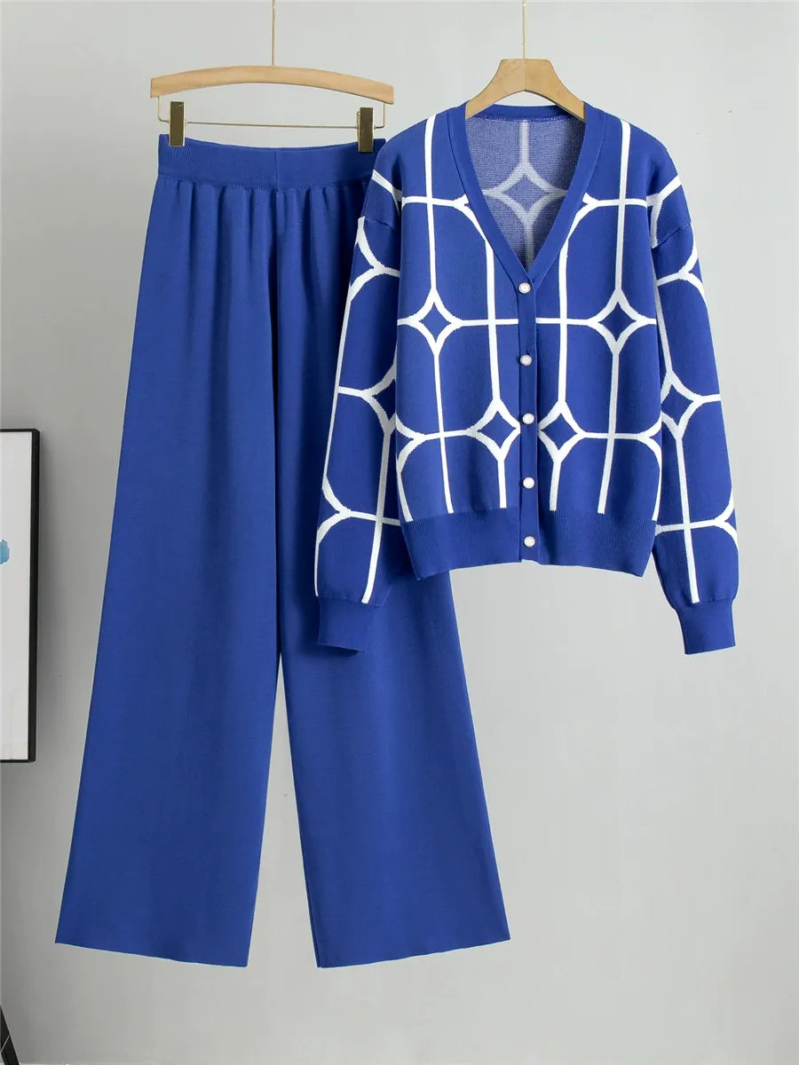 Ensemble Cardigan Deux Pièces en Maille Femme à Coupe Décontractée et Longueur Crop Encolure V Motif Géométrique