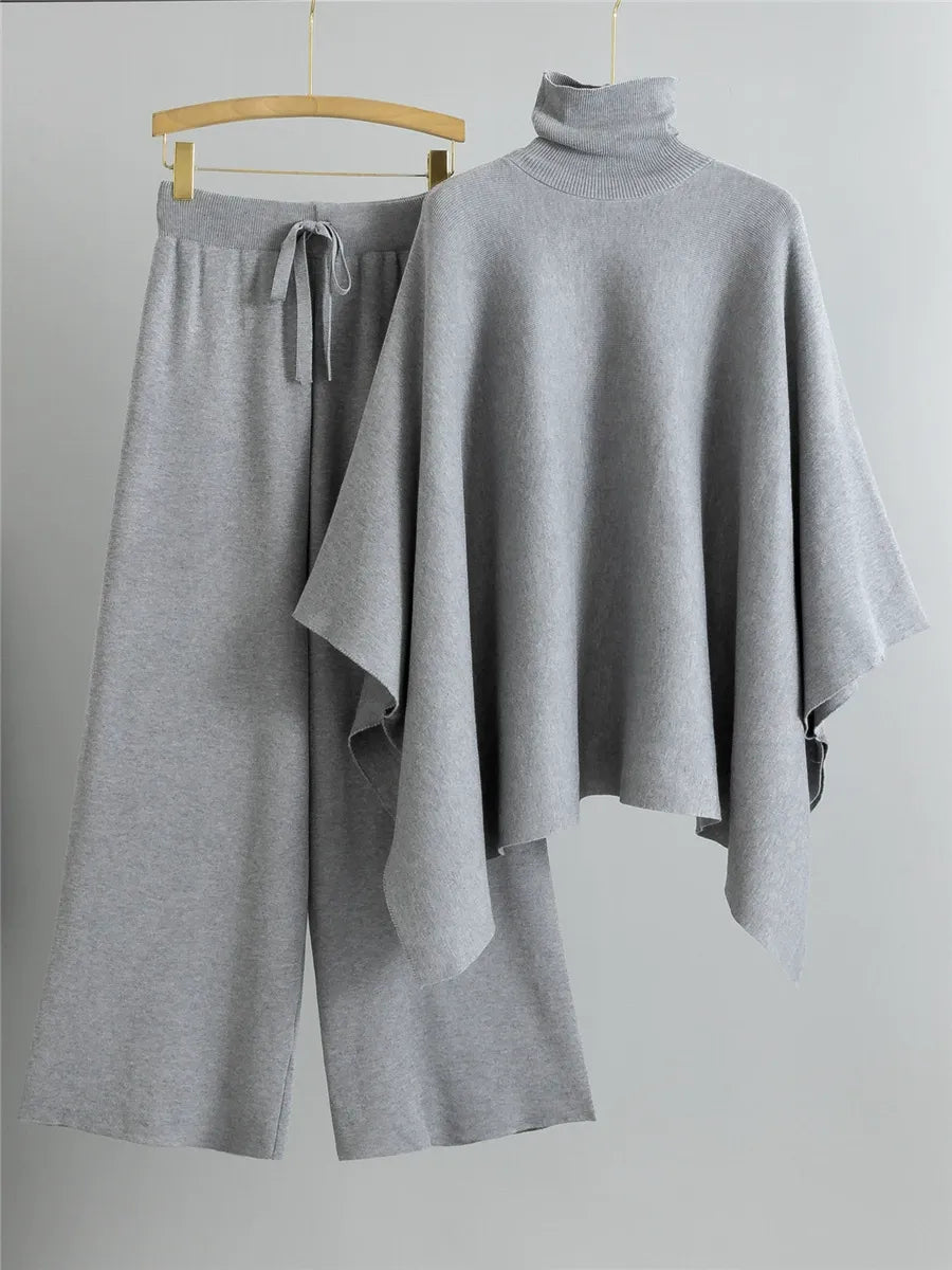 Ensemble Tricot Deux Pièces Femmes Haut Cape À Col Montant Pantalon Évasé À Jambes Larges Coupe Décontractée