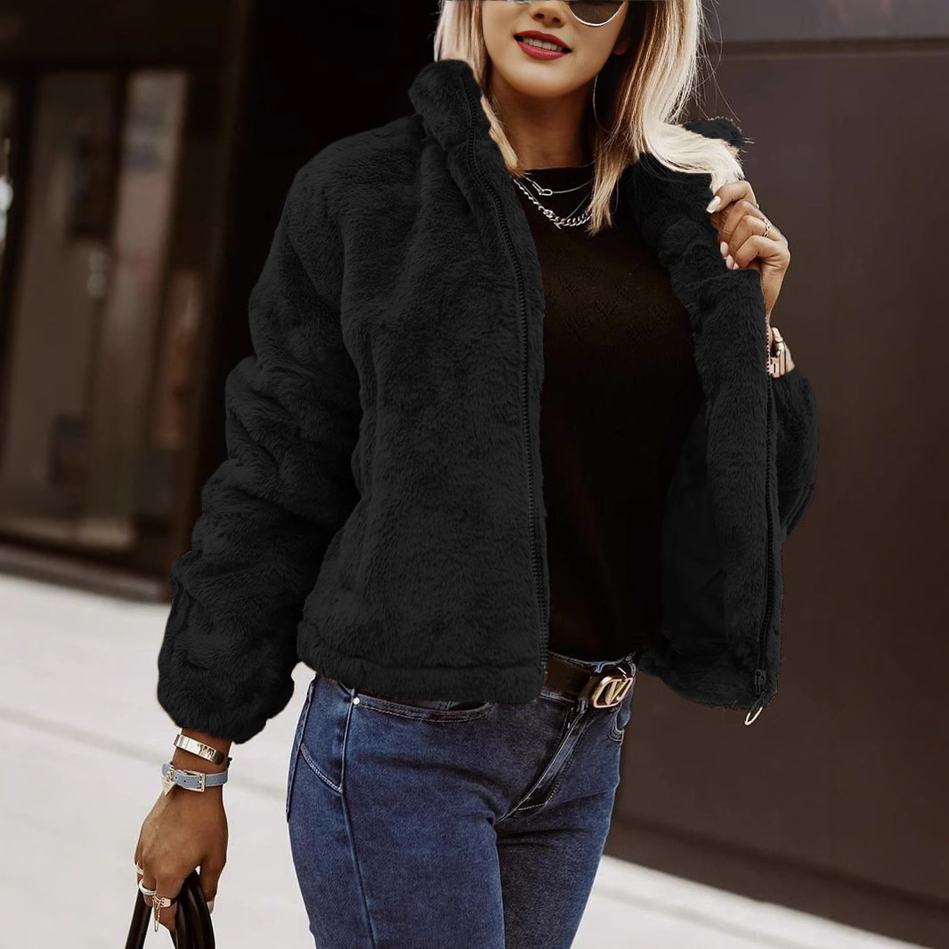 Cardigan Femme En Faux Cuir Texture Peluche Fermeture Éclair Devant Col Montant Coupe Décontractée
