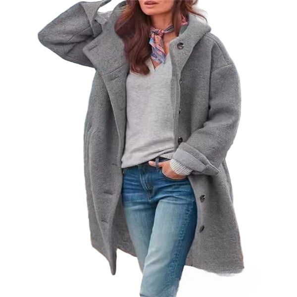 Manteau Long Femme Oversize Texture Laine Capuche Boutons Devant pour Hiver Chic