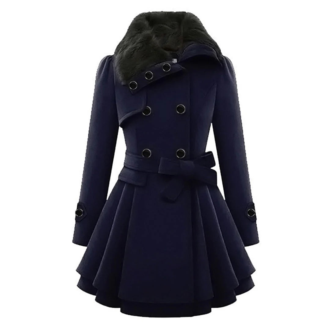 Amawinc Manteau Femme Coupe Ajustée Texture Laine Double Boutonnage Col En Fausse Fourrure Taille Ceinturée Élégant