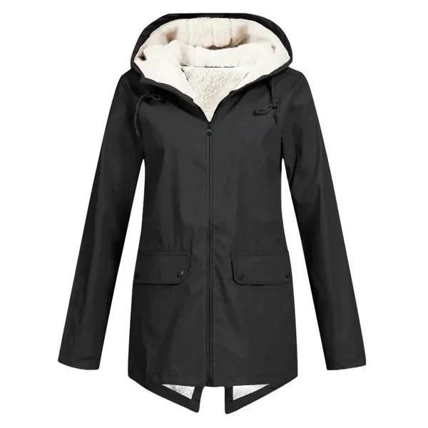 Manteau Trench Femme Imperméable Doublé Polaire Capuche Coupe Ajustée Mi Longueur Protégeant Contre La Pluie