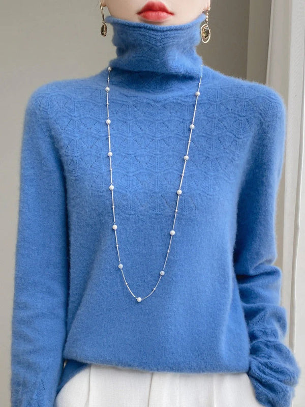 Pull Col Roulé Femme Slim Fit En Laine Mélange Avec Maille Creuse Design Moderne