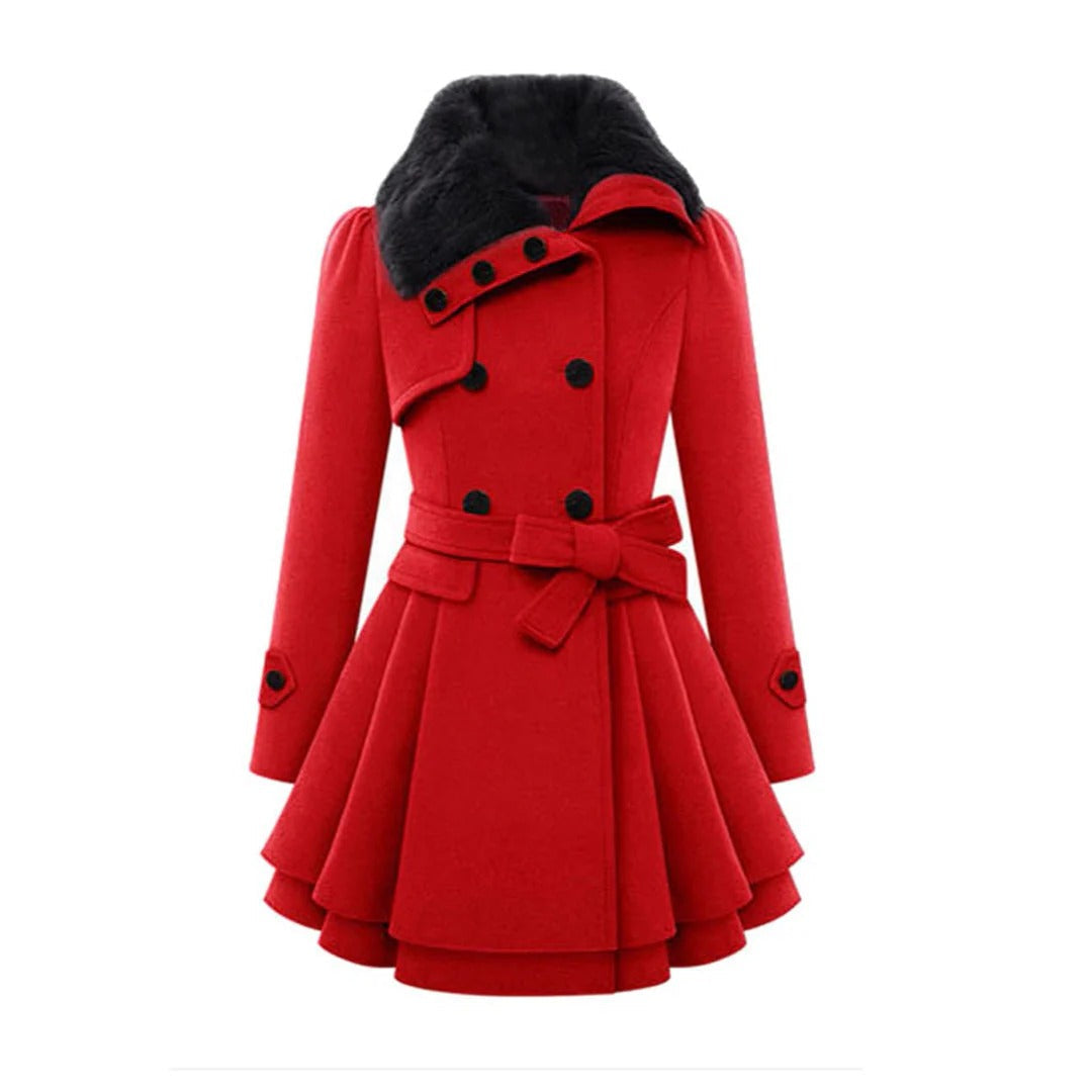 Amawinc Manteau Femme Coupe Ajustée Texture Laine Double Boutonnage Col En Fausse Fourrure Taille Ceinturée Élégant