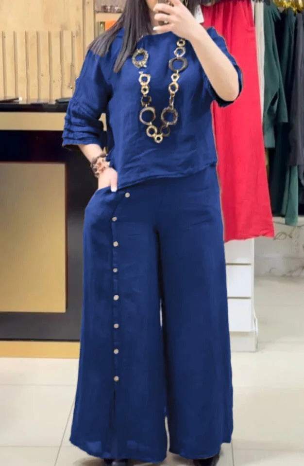 Ensemble Deux Pièces En Lin Pour Femme Haut Décontracté Et Pantalon À Jambes Larges Boutonné