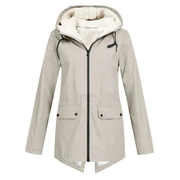 Manteau Trench Femme Imperméable Doublé Polaire Capuche Coupe Ajustée Mi Longueur Protégeant Contre La Pluie