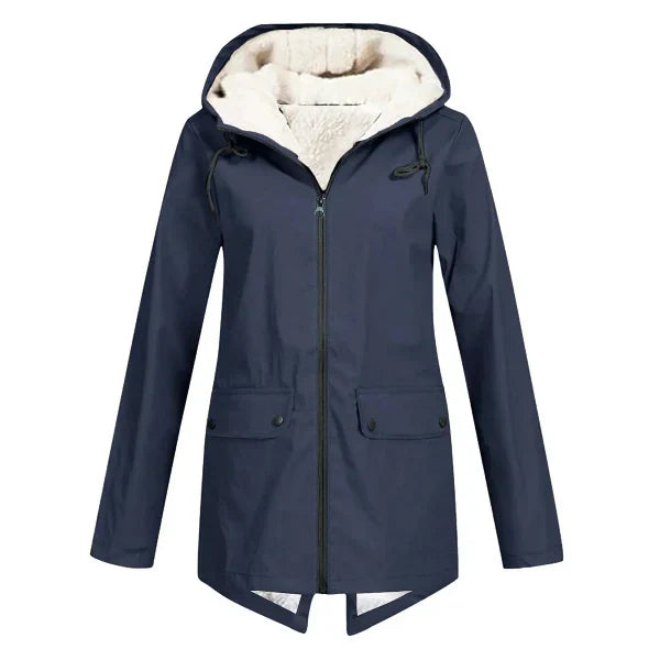 Manteau Trench Femme Imperméable Doublé Polaire Capuche Coupe Ajustée Mi Longueur Protégeant Contre La Pluie