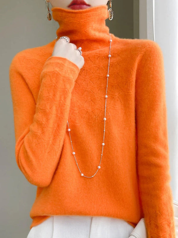 Pull Col Roulé Femme Slim Fit En Laine Mélange Avec Maille Creuse Design Moderne