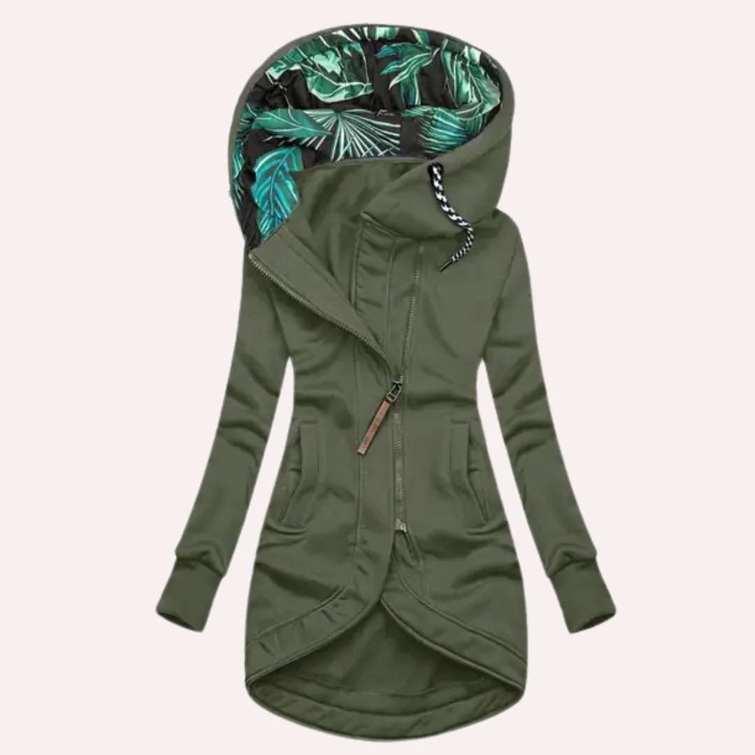 Veste Polaire Pour Femmes Slim Fit Capuche Doublure Imprimée Fermeture Éclair Asymétrique Nordisk Flair