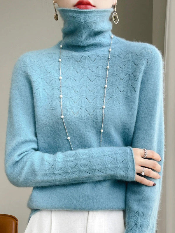Pull Col Roulé Femme Slim Fit En Laine Mélange Avec Maille Creuse Design Moderne