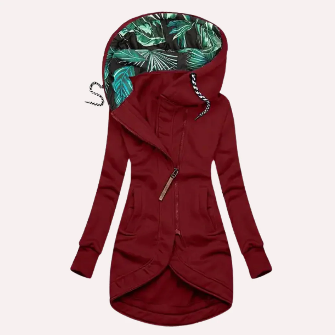 Veste Polaire Pour Femmes Slim Fit Capuche Doublure Imprimée Fermeture Éclair Asymétrique Nordisk Flair