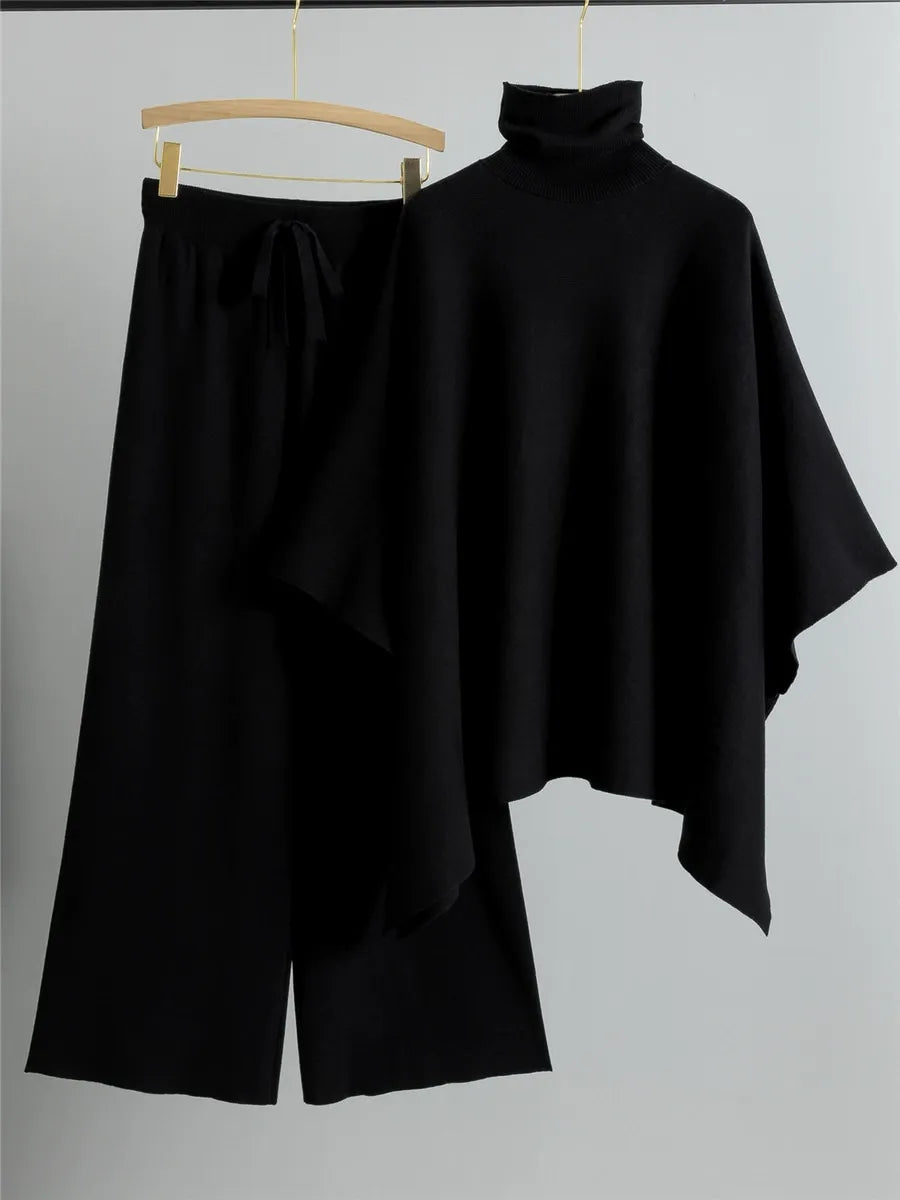 Ensemble Tricot Deux Pièces Femmes Haut Cape À Col Montant Pantalon Évasé À Jambes Larges Coupe Décontractée