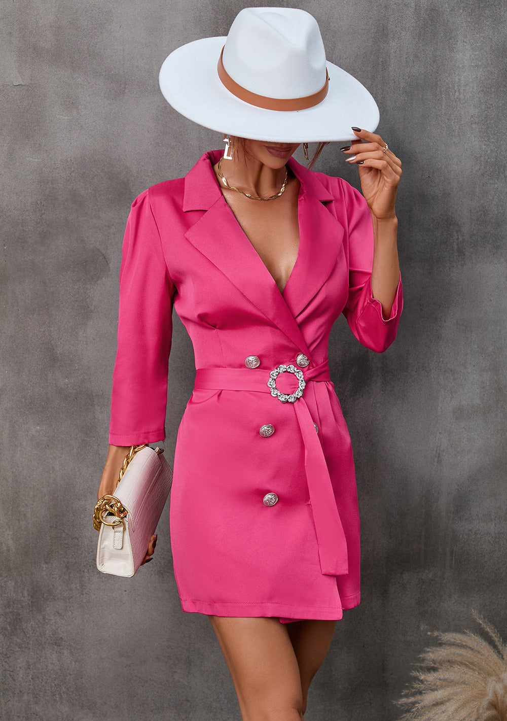 Robe Blazer Femme Coupe Portefeuille Tailorée Ceinturée Col Revers Cranté Longueur Mini Pour Jour Et Nuit