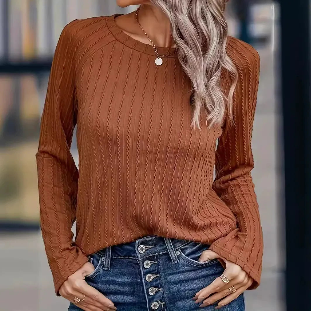 Pull T Shirt Femme Maille Côtelée Col Rond Manches Longues Coupe Décontractée Pour Quotidien