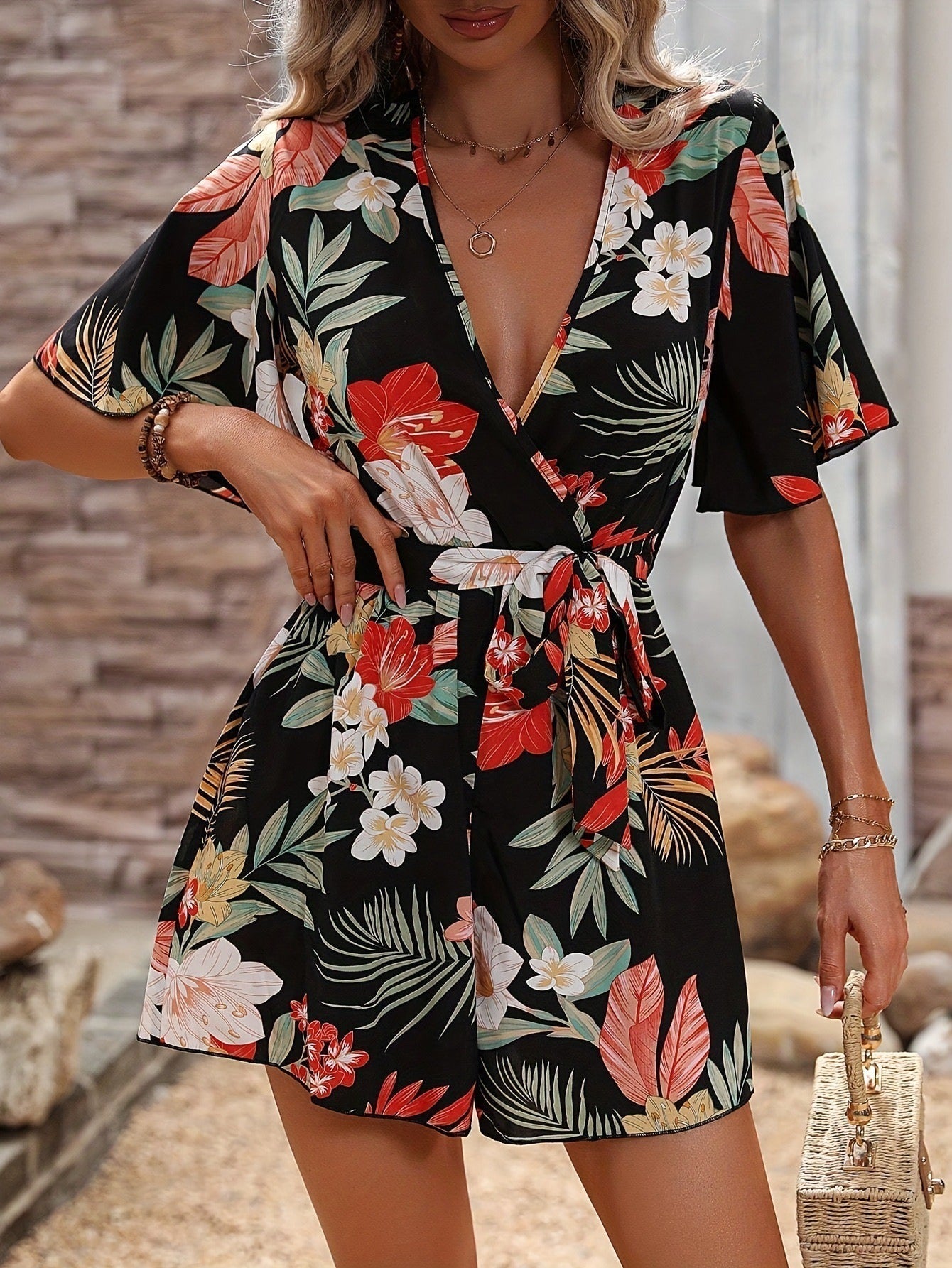 Combinaison Femme Encolure V Croisée Manches Bouffantes Ceinture À La Taille Imprimé Floral Mélange Coton