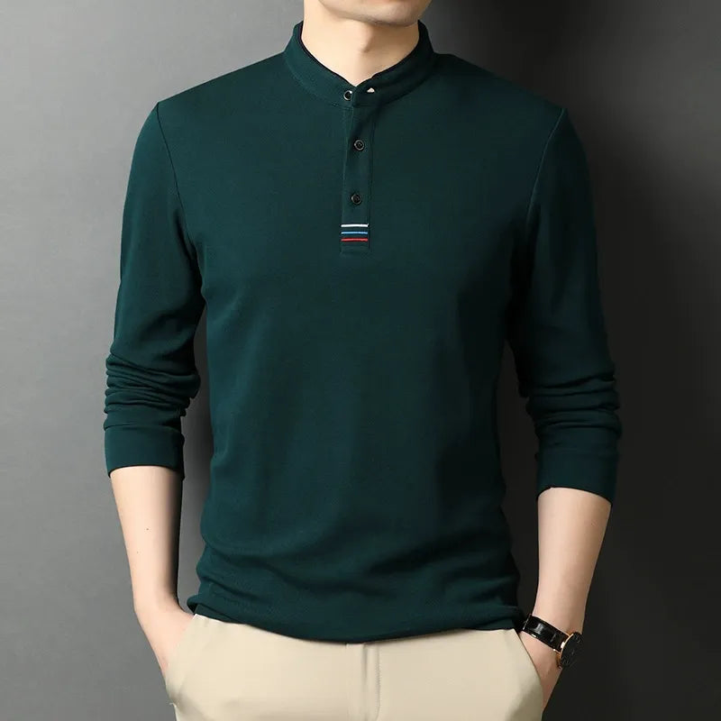 Amawinc Nordisk Flair T Shirt Homme Manches Longues en Coton Col Montant et Patte de Boutonnage Coupe Regular