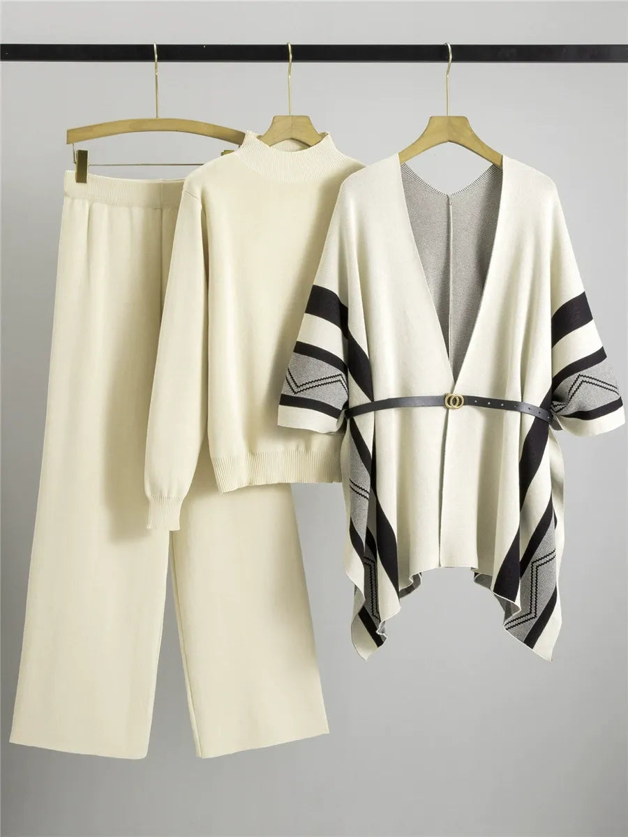 Ensemble Cardigan Trois Pièces Avec Col Châle Tricot Doux Drapé Ceinture Longueur MiCuisse Manche Rayée