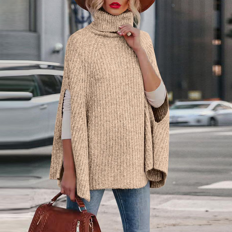 Cape Femme Ample en Maille Laine Mélangée Col Haut avec Fentes aux Manches Confort Chic pour Automne Hiver