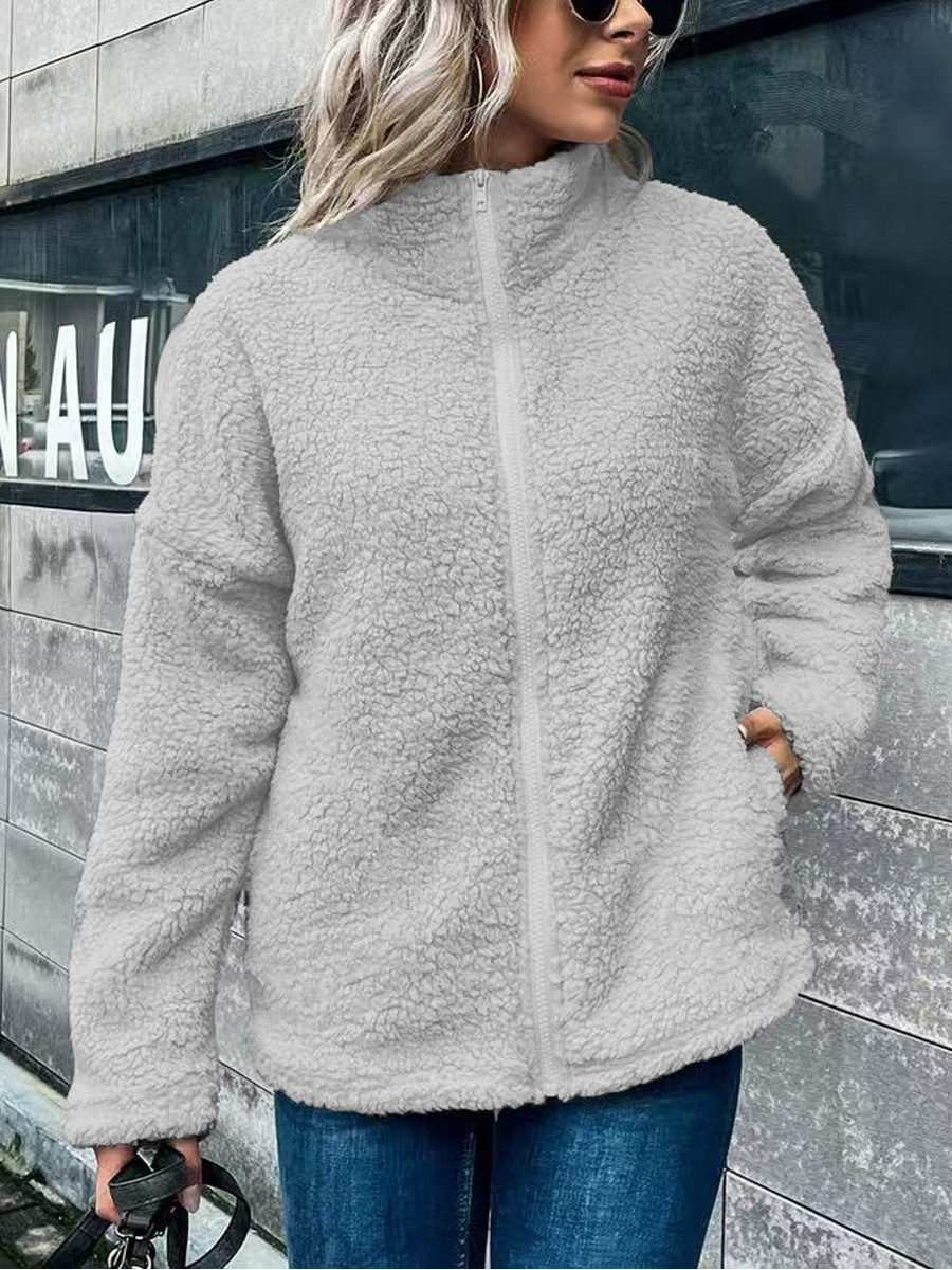 Manteau En Polaire Pour Femmes Coupe Oversized Mélange Laine Et Polaire Col Montant Manches Longues Fermeture Éclair