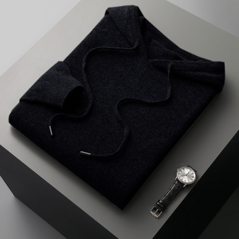 Pull À Capuche En Tricot De Laine Mélangée Pour Homme, Coupe Décontractée, Cordons, Ourlets Côtés, Toucher Doux